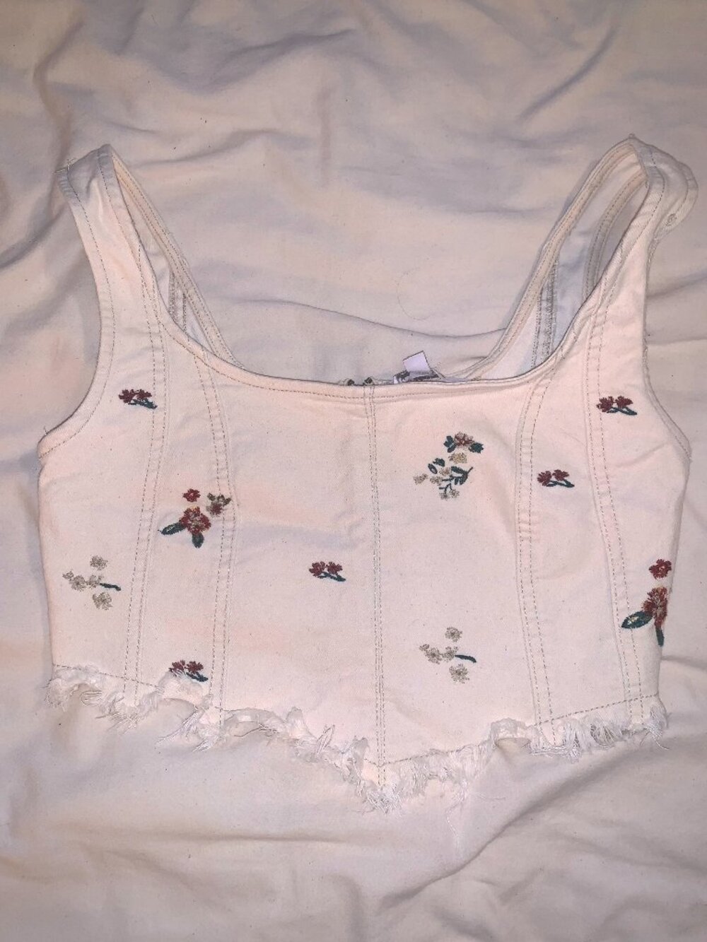 Cropped Beige Denim Corset with Embroidered Flowers
